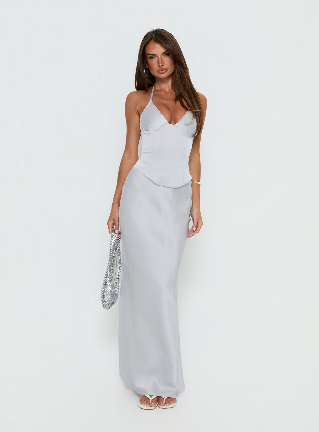 Devotedness Satin Corset Maxi Dress Silver