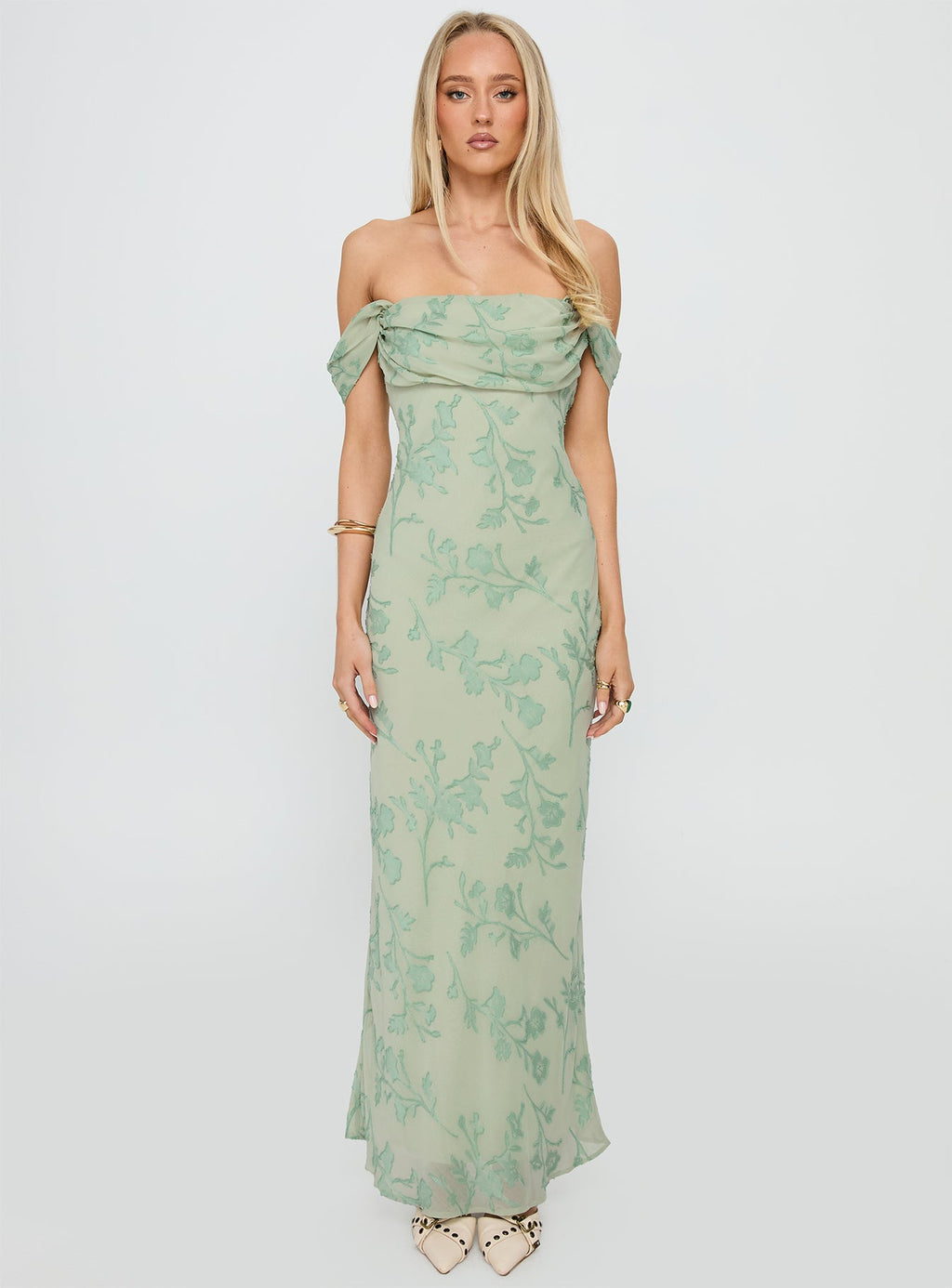 Azura Off The Shoulder Maxi Dress Green Burnout